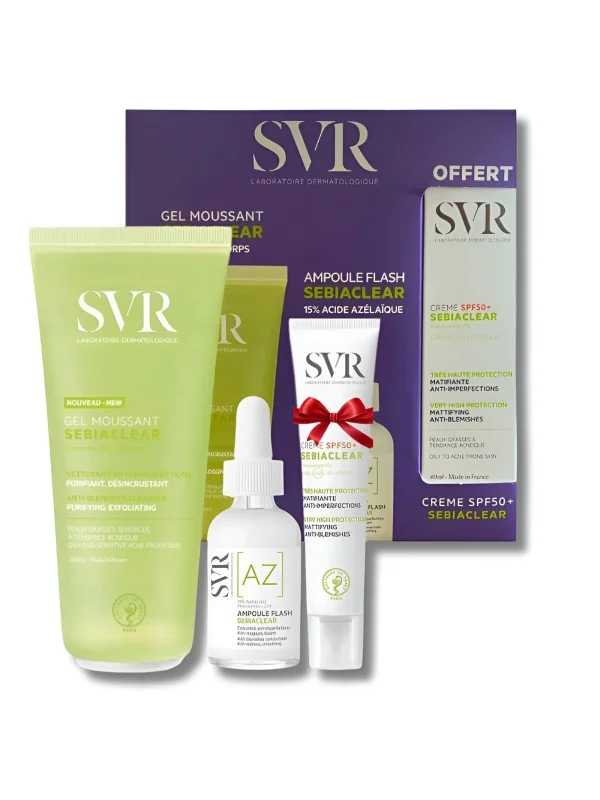 SVR COFFRET SEBIACLEAR - GEL MOUSSANT 200ML+AMPOULE AZ FLASH ANTI IMPERFECTIONS 30ML+CREME SOLAIRE MATIFIANTE SPF50 40ML OFFERTE